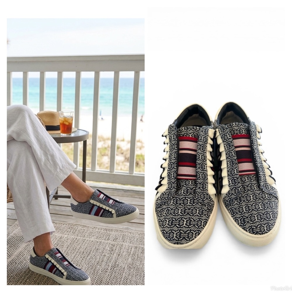 Tory Burch Navy Gemni Link Jacquard/ Snow White Slip on Ruffle Sneaker 9.5